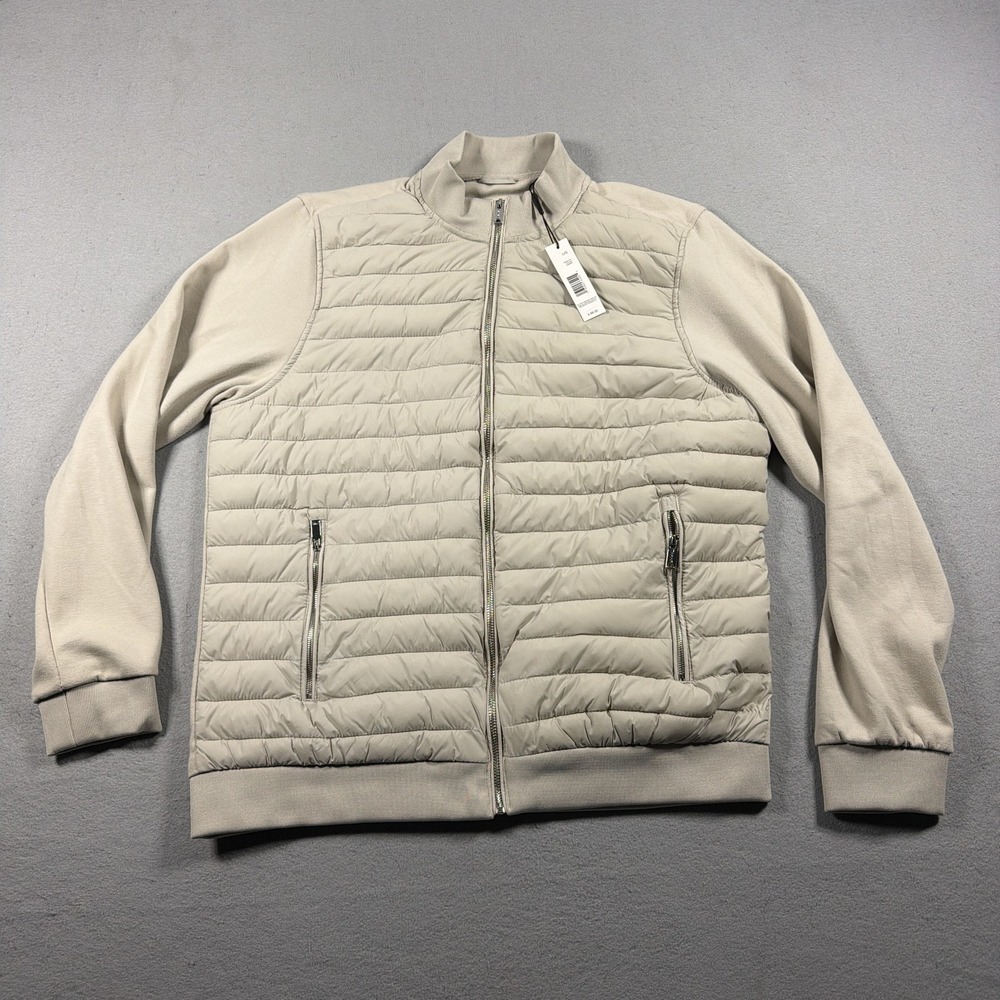 Tahari Mens Quilted Hybrid Jacket Mens Large Beige Knit Full Zip Puffer NWT